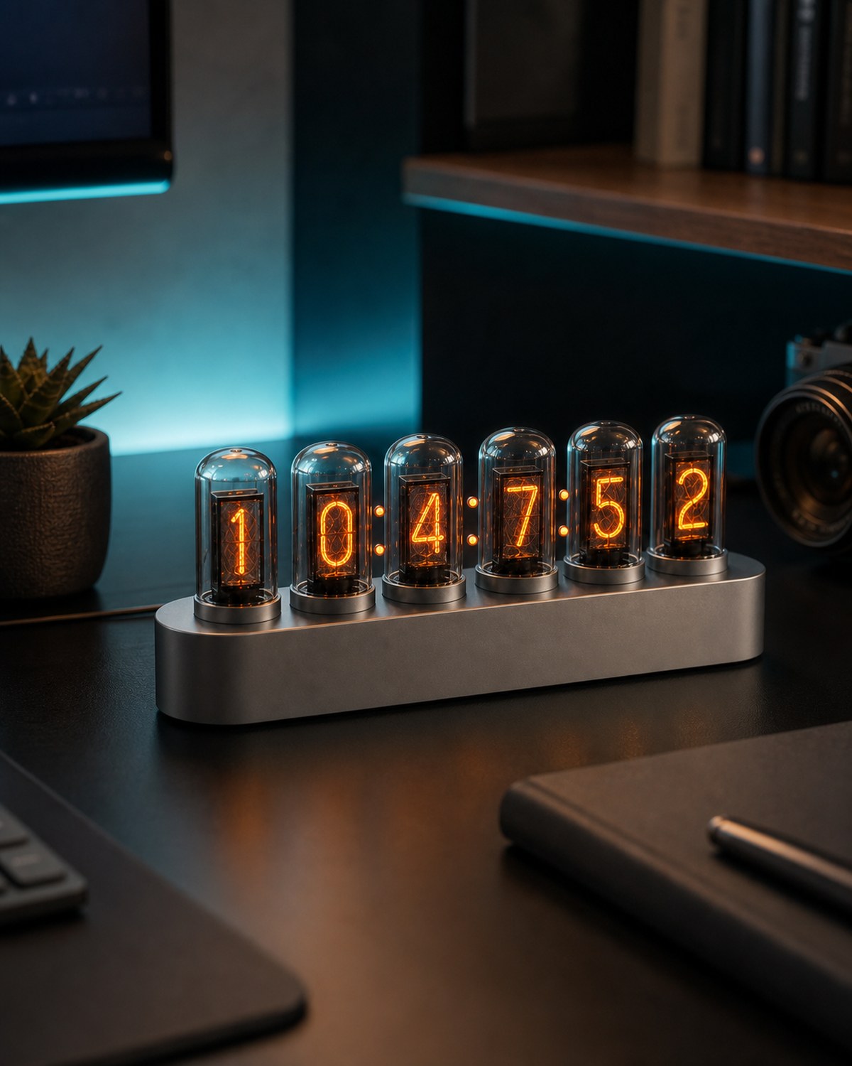 Nixie tube clock on a black desk with soft ambient light.