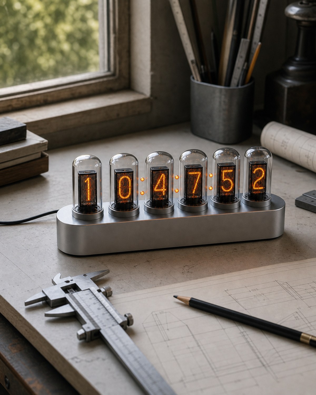 Nixie tube clock with brushed aluminum base near a pencil.
