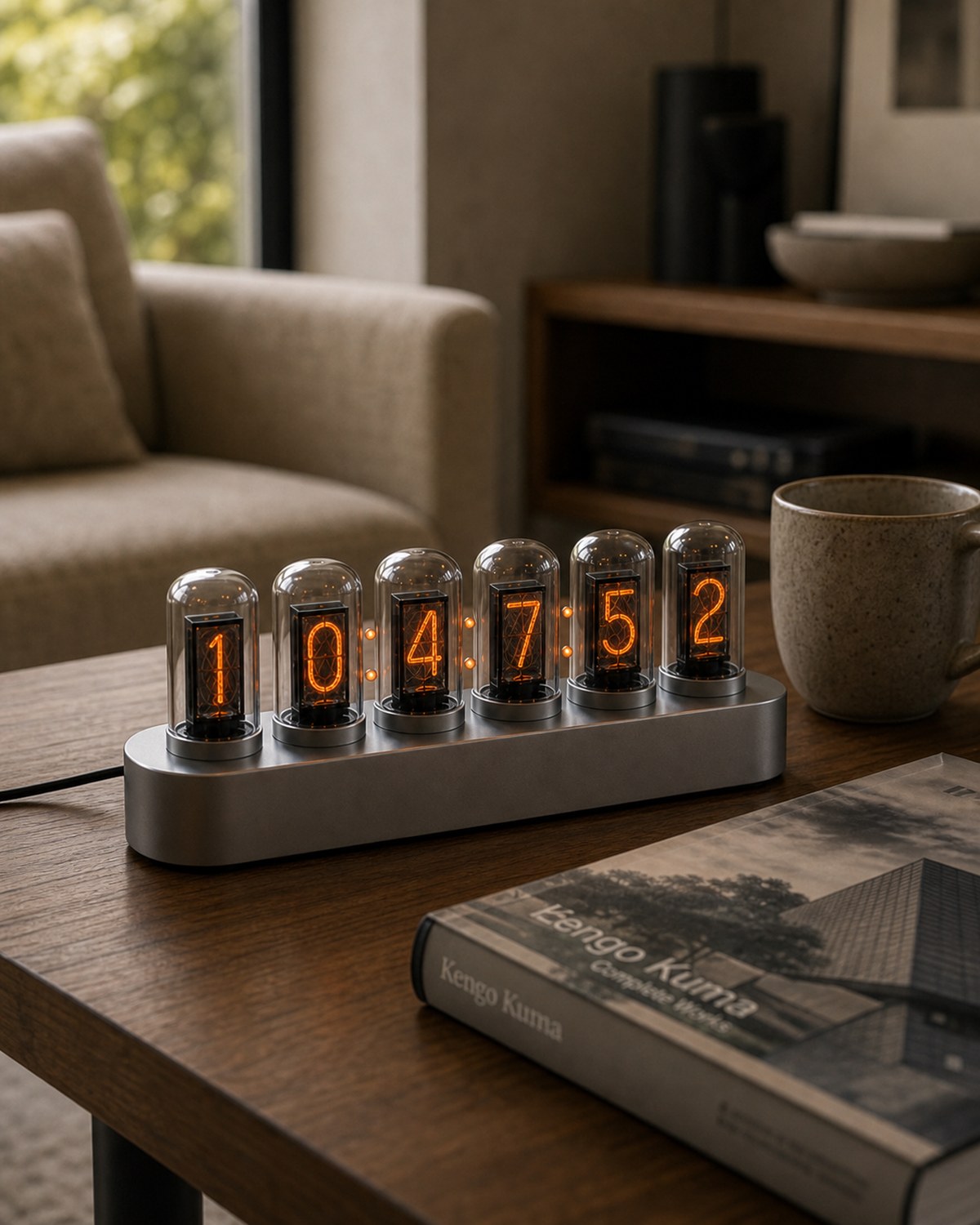 Nixie tube clock on a coffee table beside an architecture book.