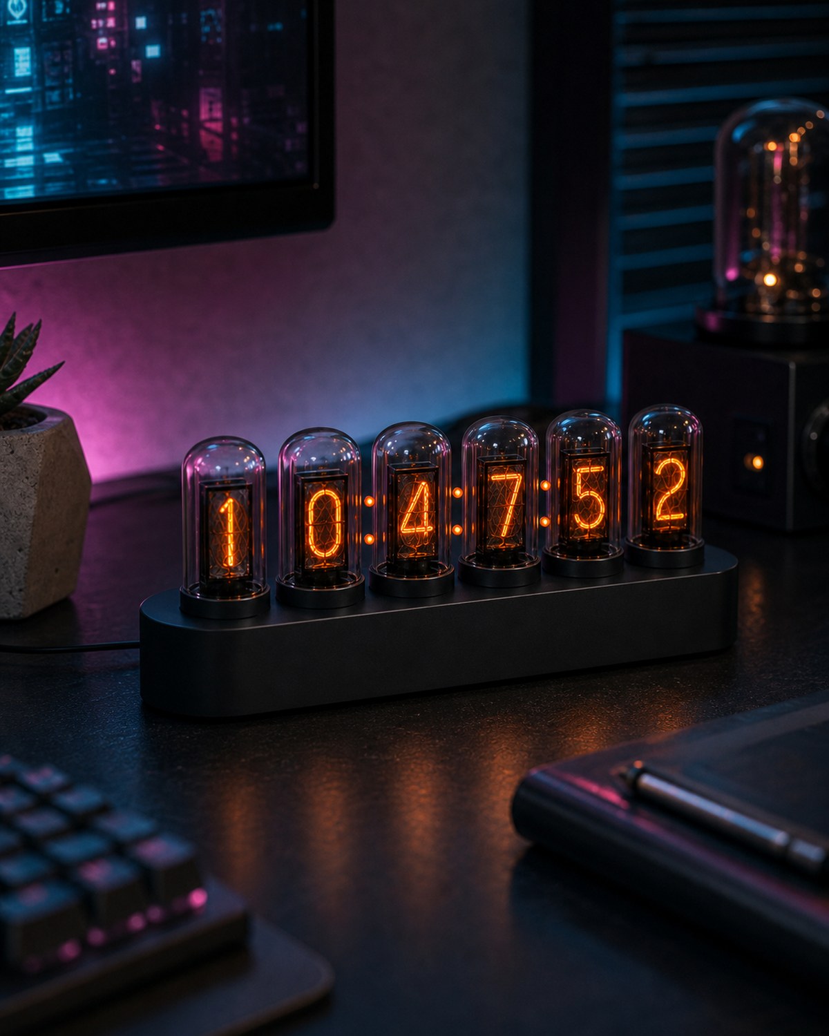 Nixie tube clock on a dark desk with muted neon light.