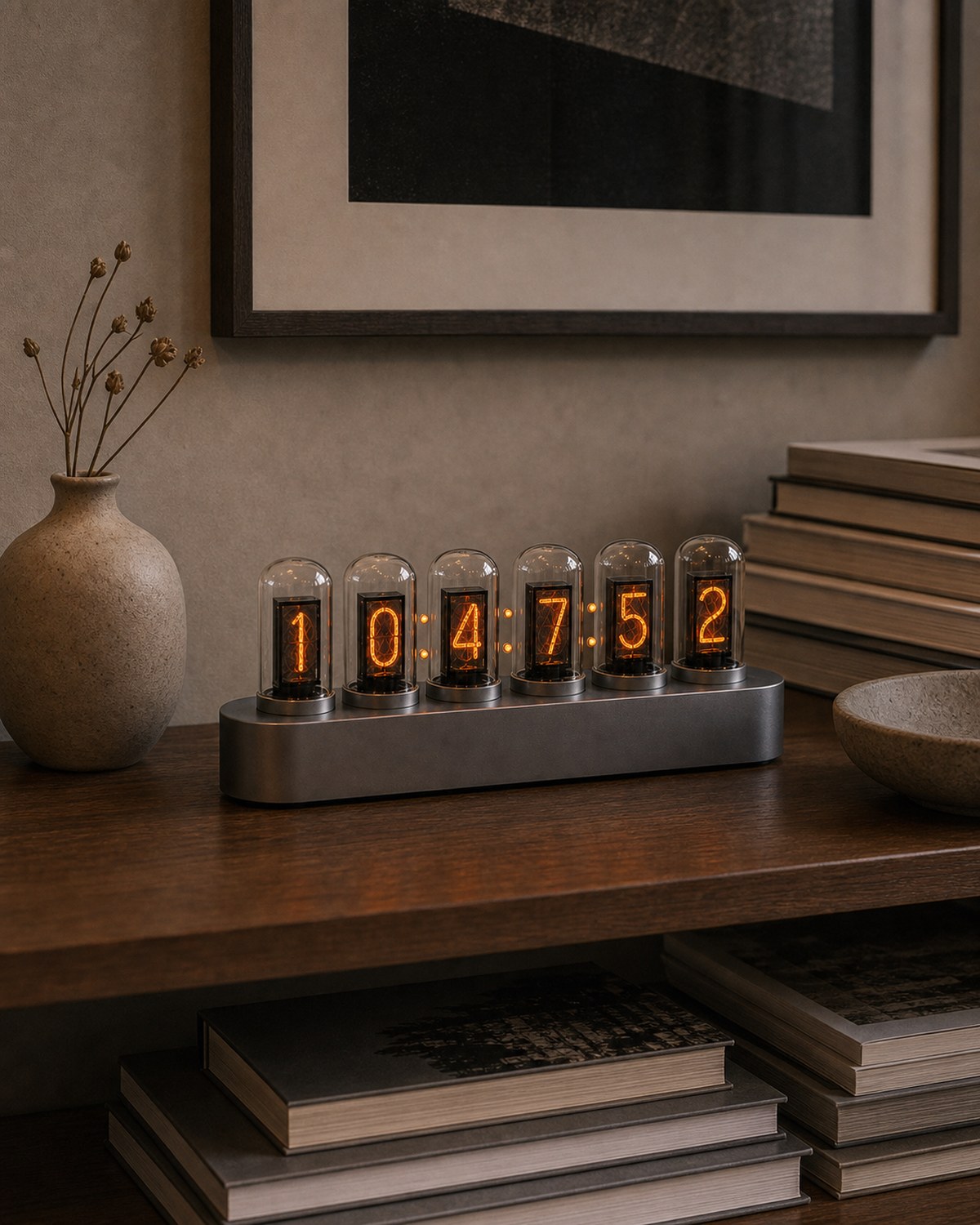 Nixie tube clock placed on a designer shelf with a vase.