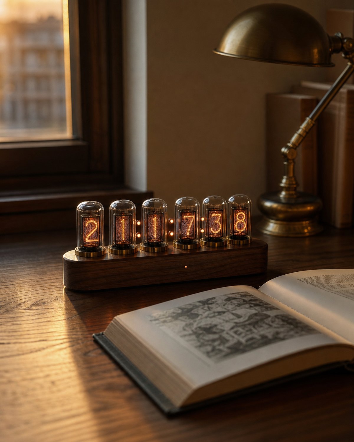 Nixie tube clock on a walnut desk beside a brass lamp.