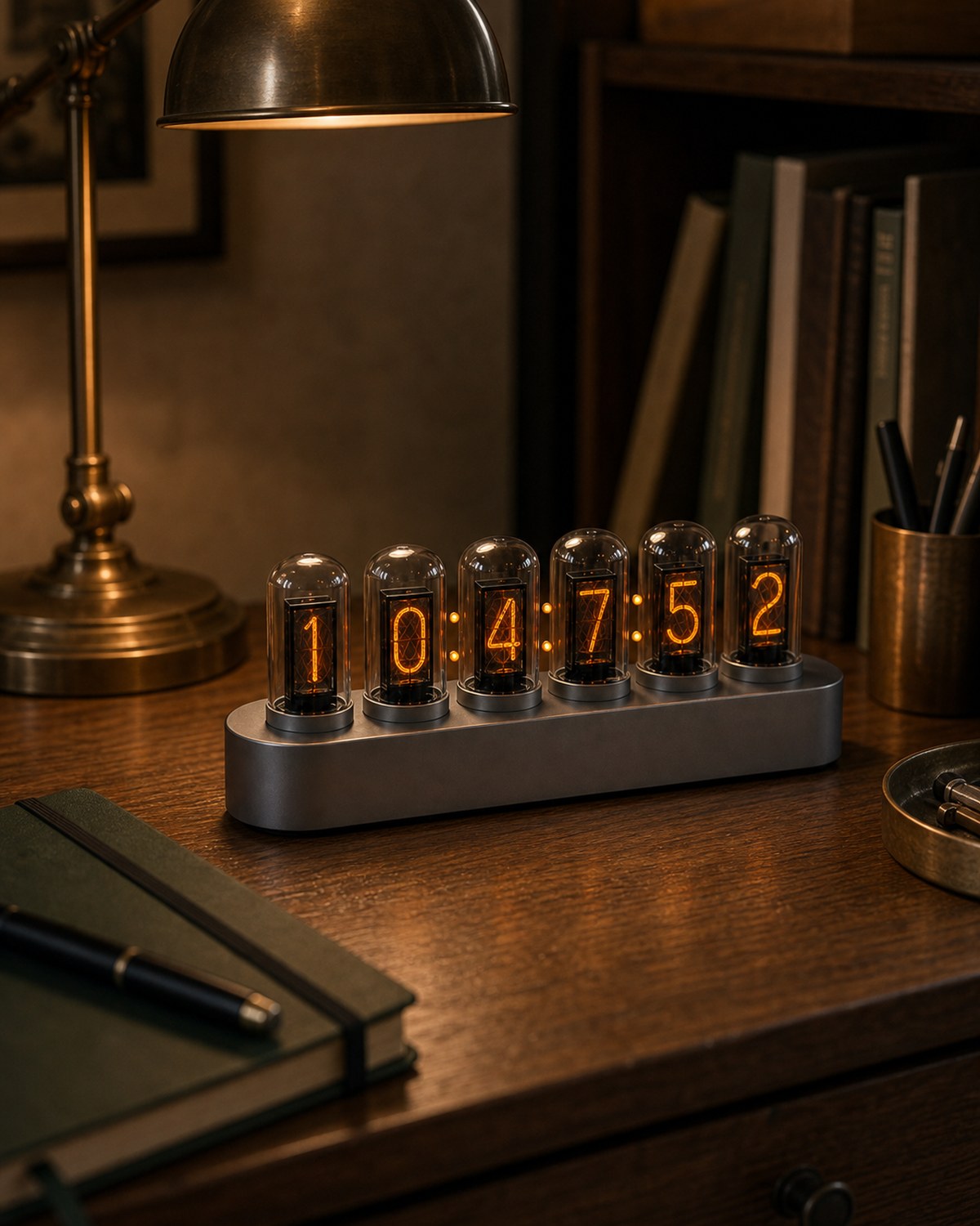 Nixie tube clock on a walnut desk beside a green notebook.