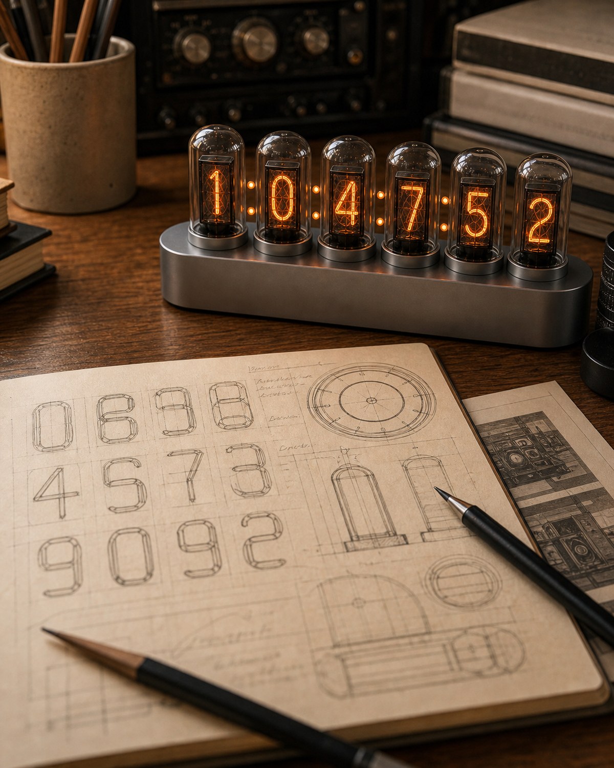 Nixie tube clock beside numeral sketches for dial face study.