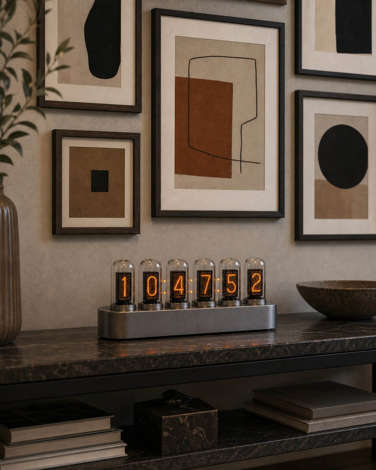 Nixie tube clock below a gallery wall with framed prints.