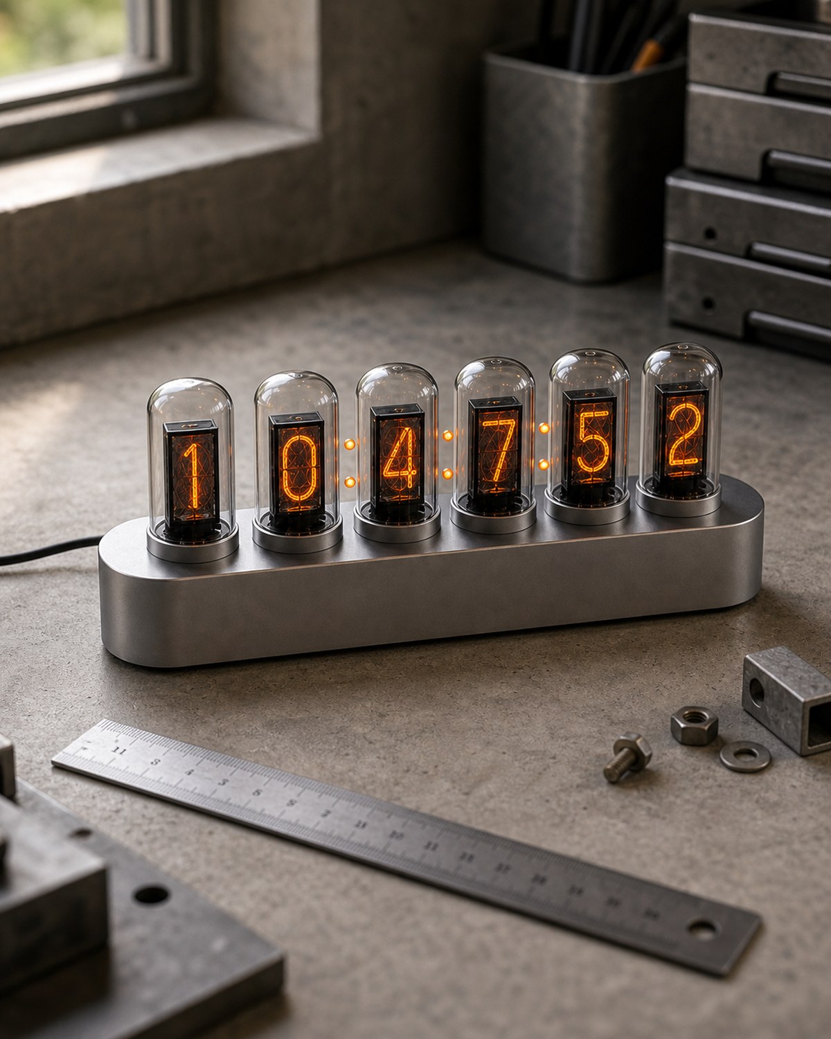 Nixie tube clock on a concrete surface beside a steel ruler.