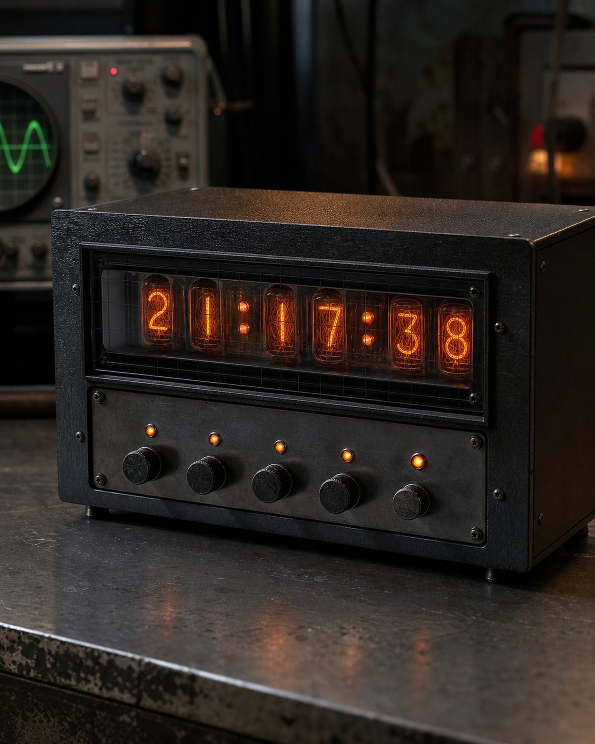 Nixie tube clock built into an industrial lab instrument enclosure.