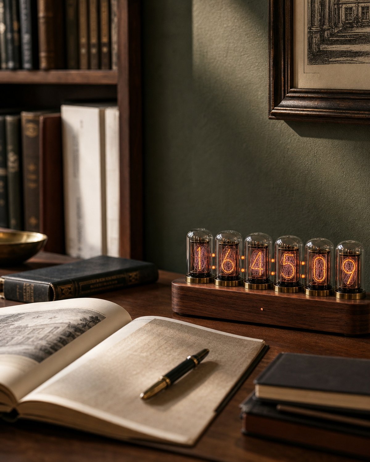 Nixie tube clock on a library table with a hardback book.
