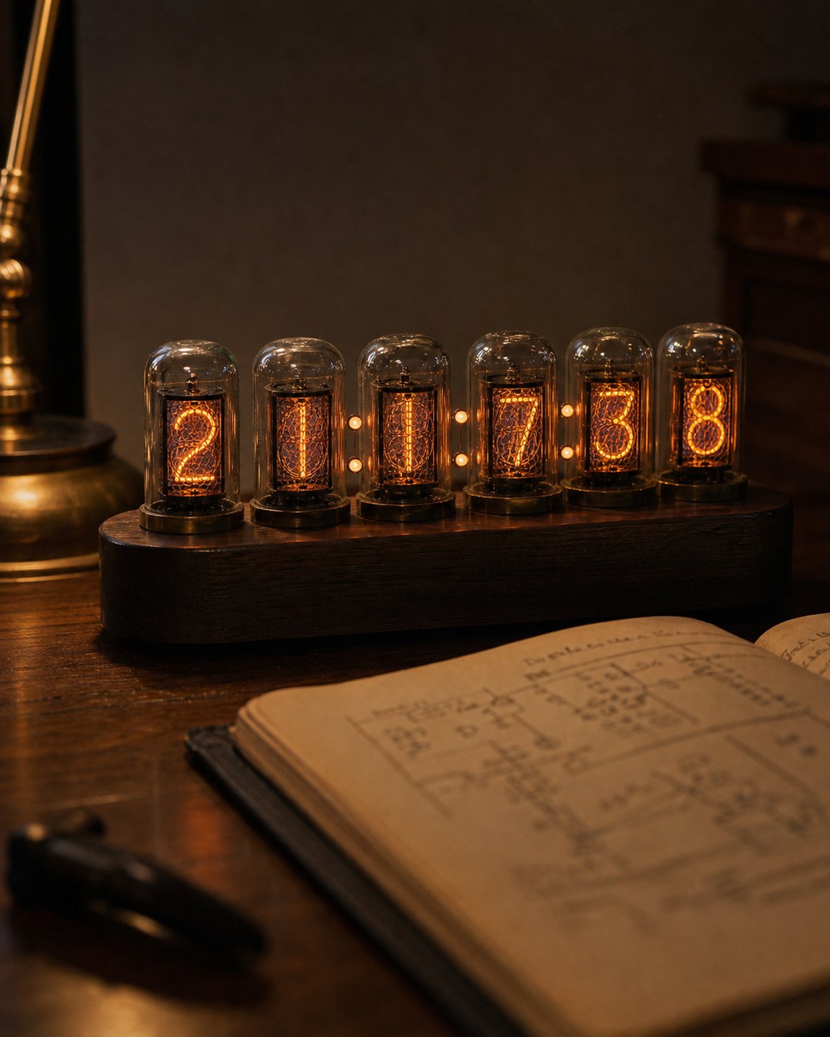 Nixie tube clock macro close-up with orange-pink glass glow.