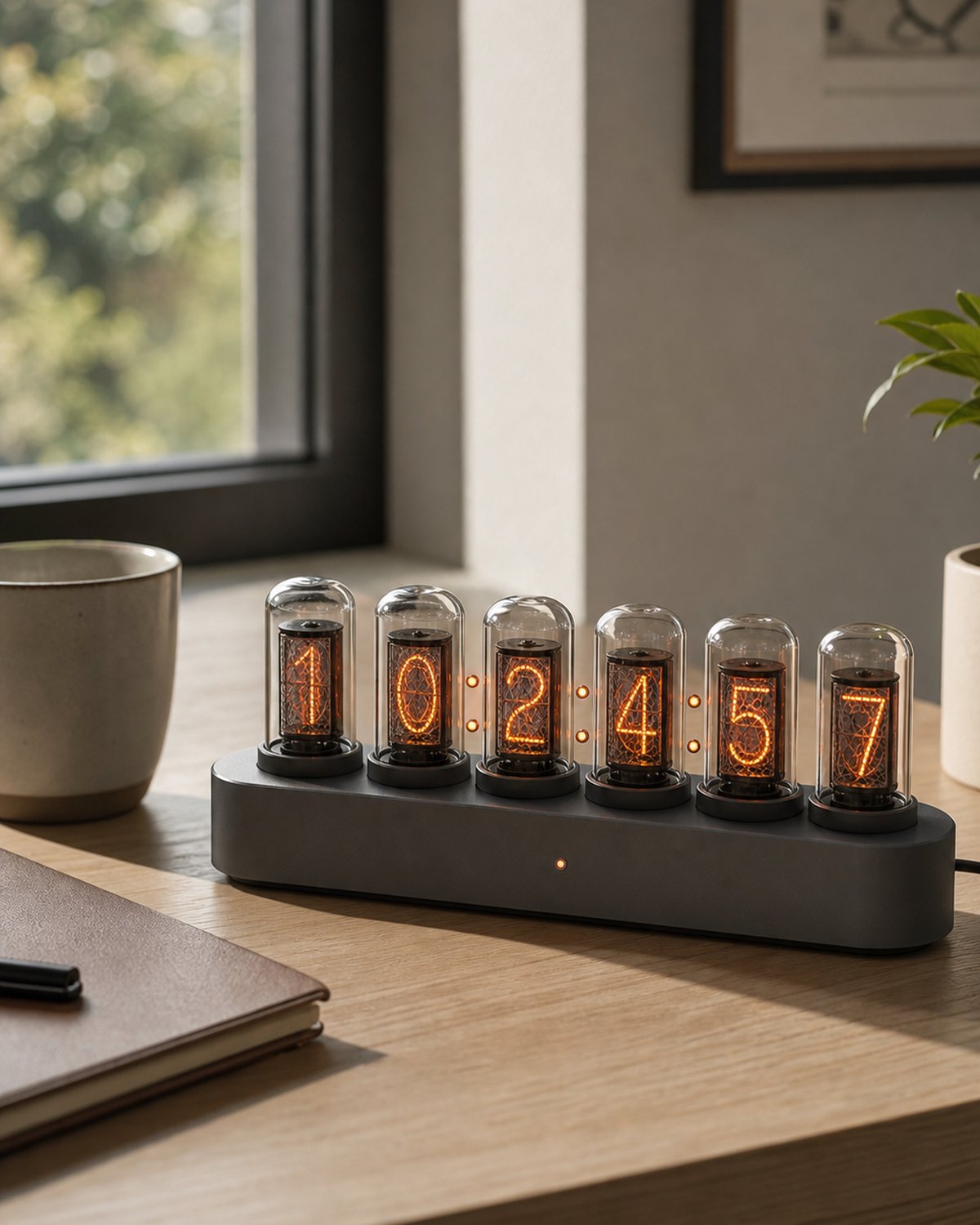 Nixie tube clock glowing softly on a white oak desk.