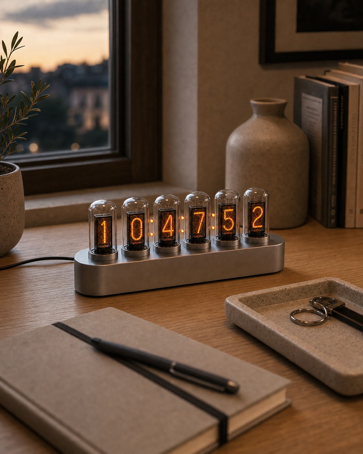 Nixie tube clock glowing at dusk on a minimalist oak desk.