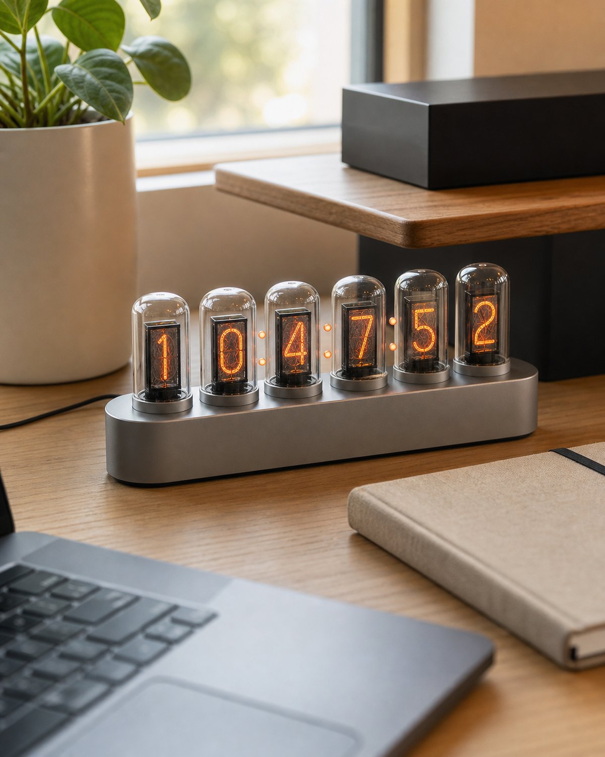 IPS Nixie clock on a modern oak desk beside a laptop.