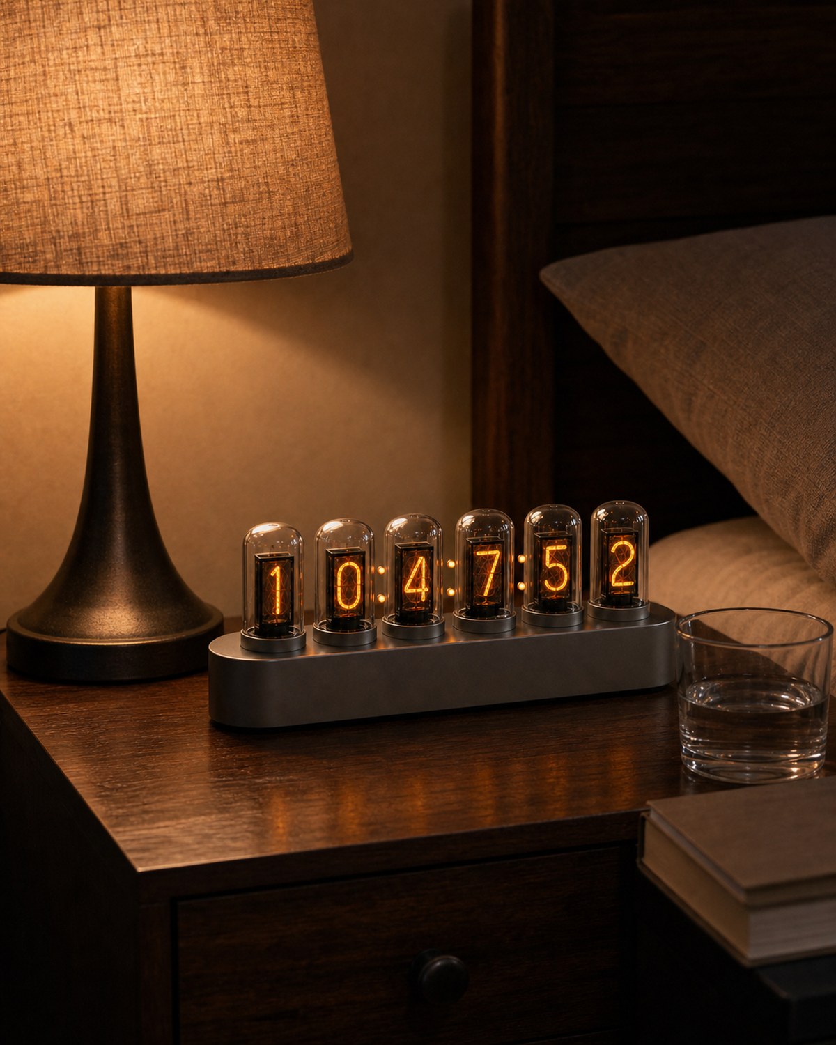 Nixie tube clock glowing on a nightstand under warm shade light.