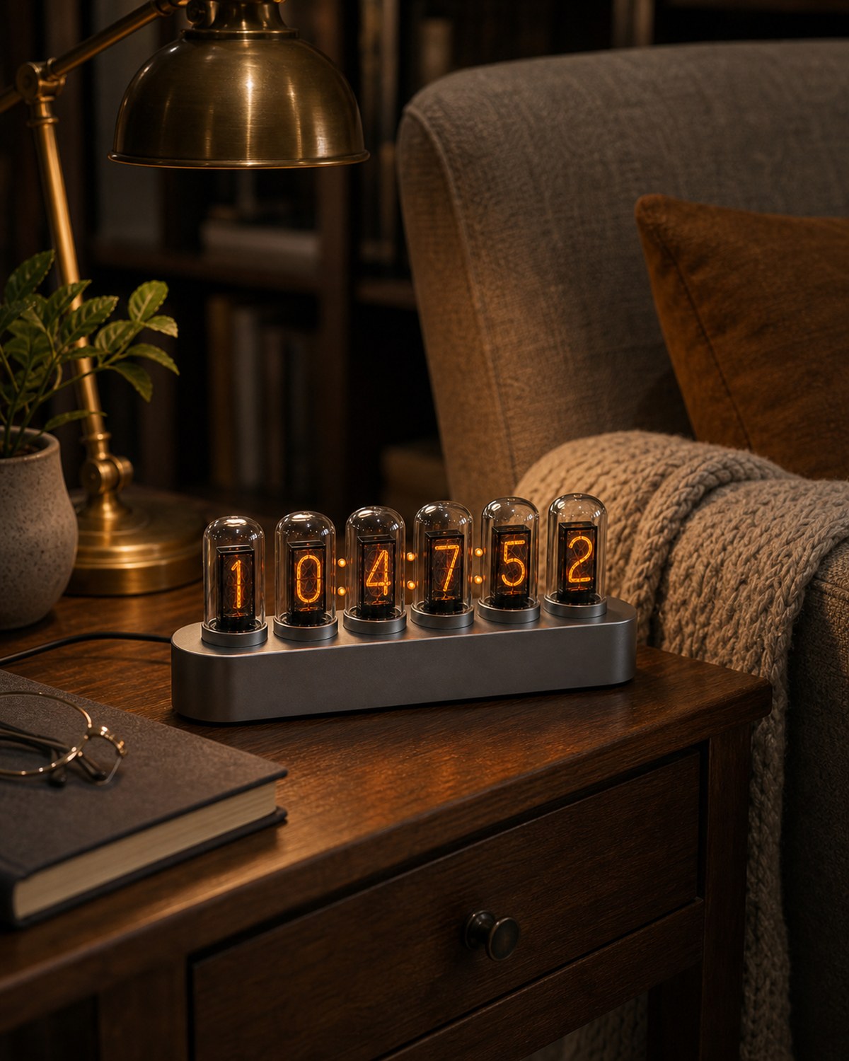 Nixie tube clock on a side table near a reading chair.