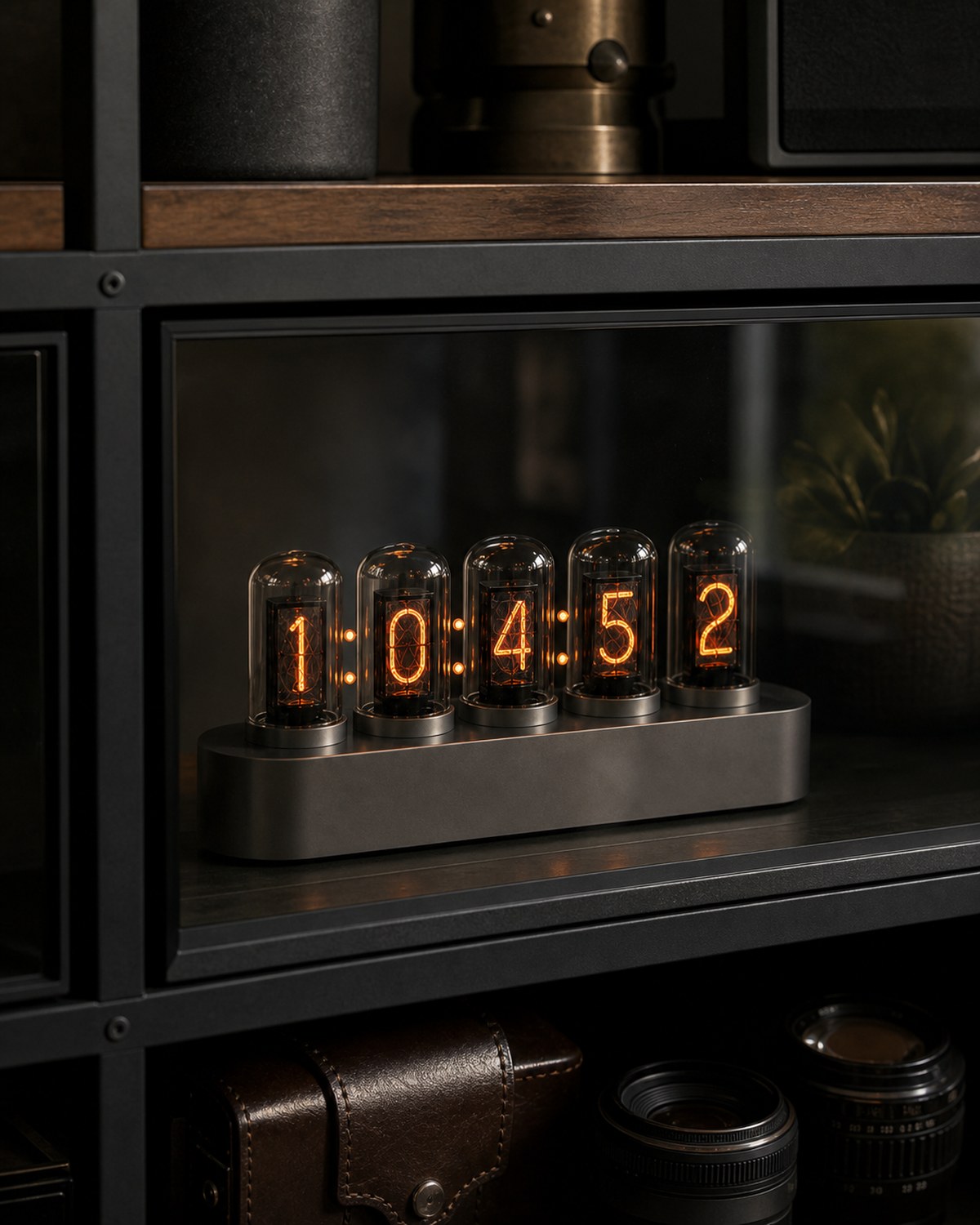 Nixie tube clock behind smoked glass with a soft reflection.