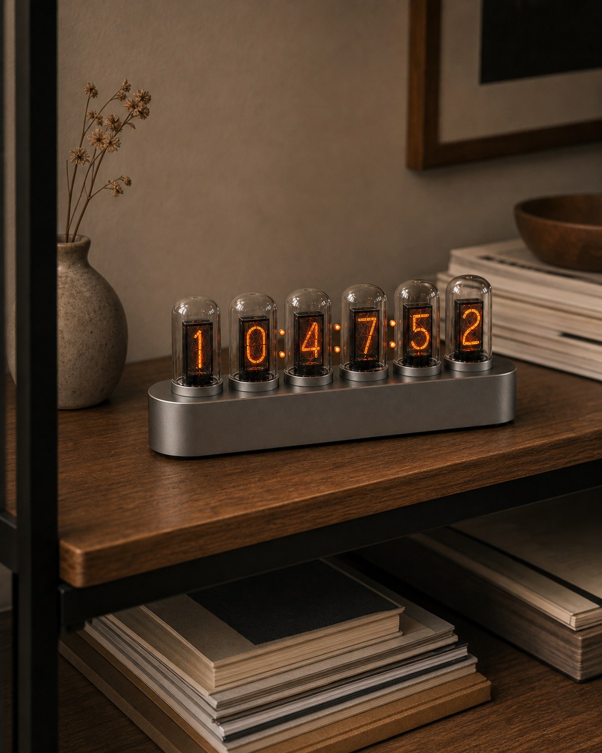 Nixie tube clock on a studio shelf near stacked paper.