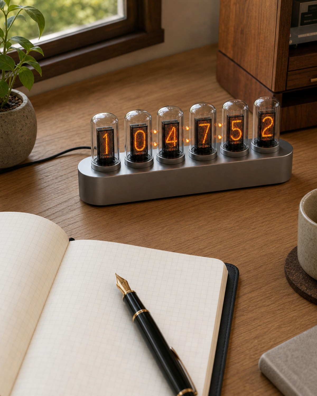 Nixie tube clock photographed above beside an open notebook.