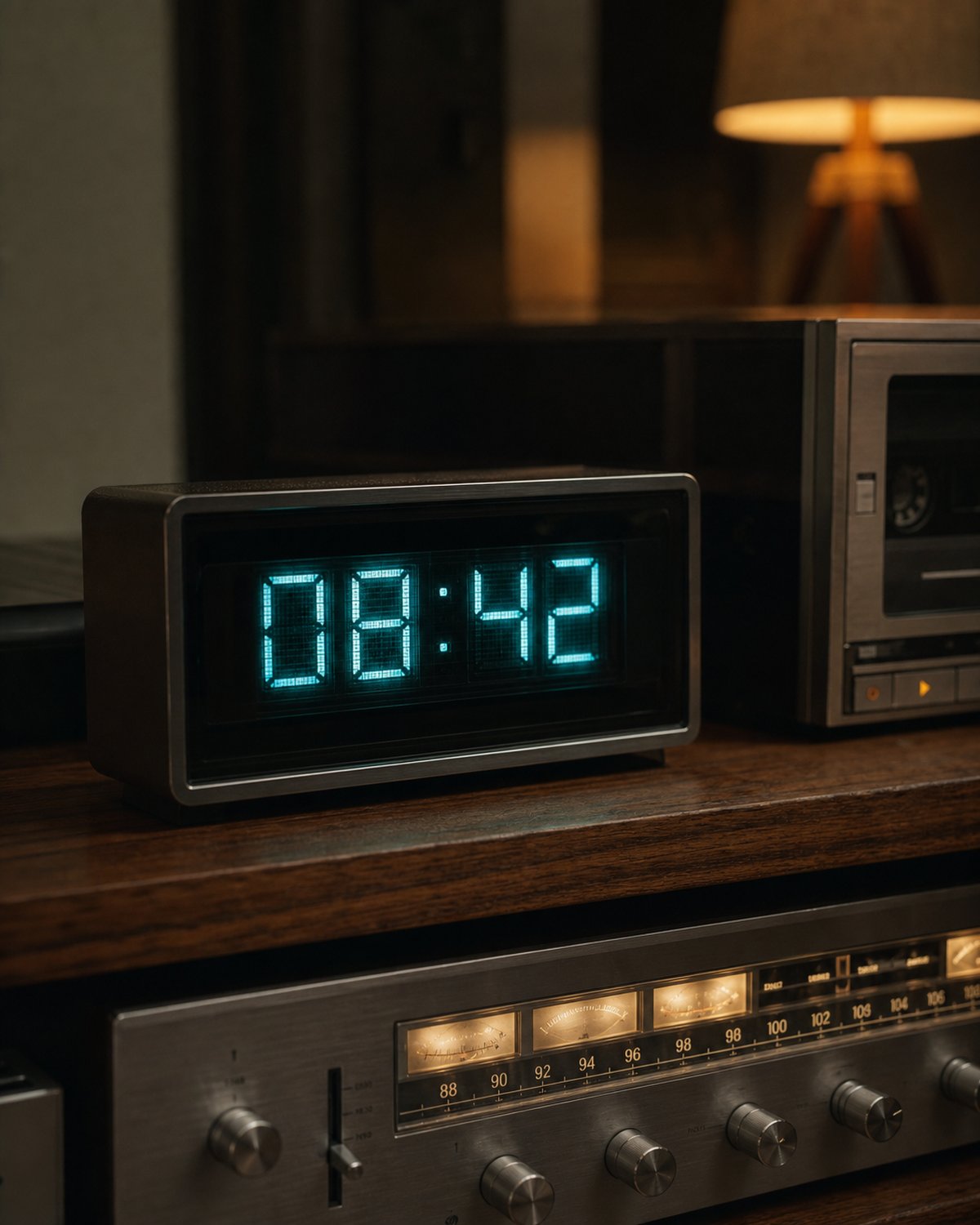 Nixie tube clock adjacent to a blue-green VFD clock on audio shelf.