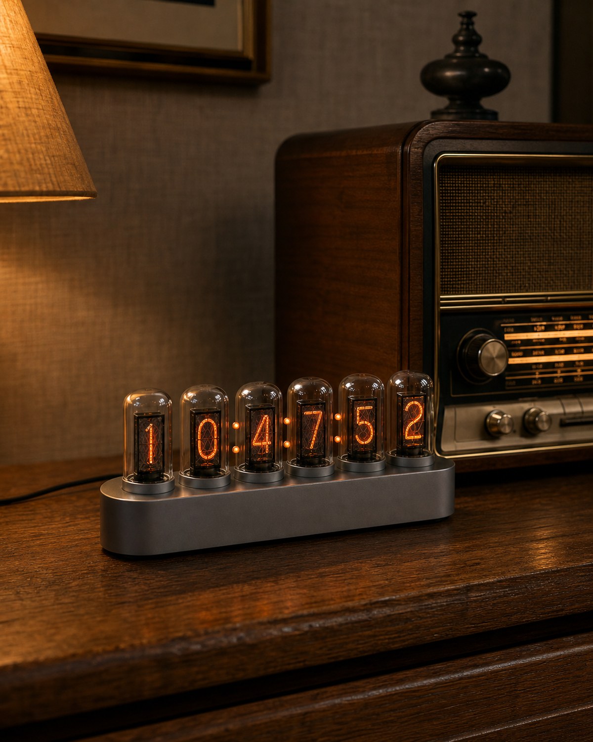 Nixie tube clock beside a vintage radio cabinet.
