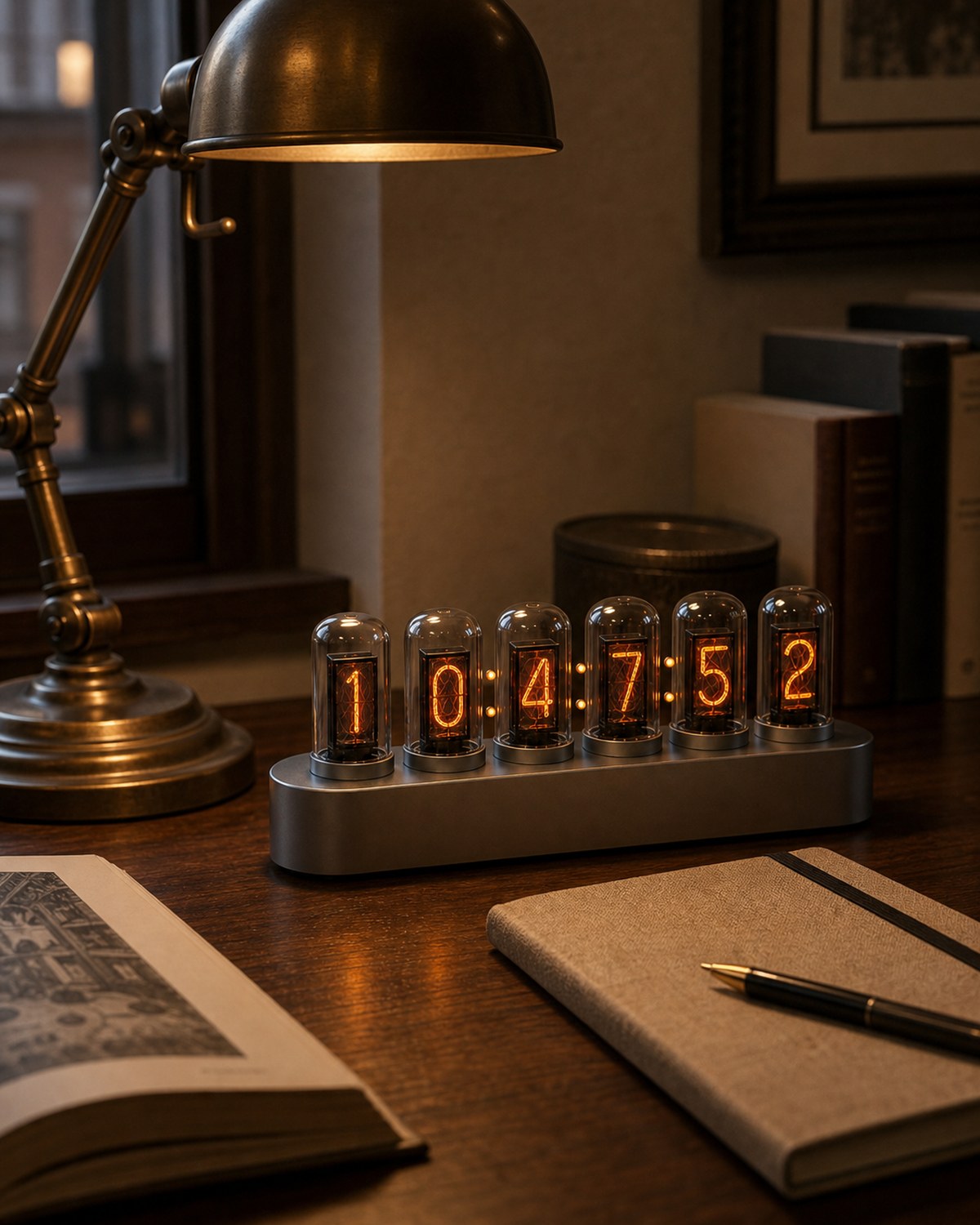 Nixie tube clock beside a warm brass lamp and linen notebook.