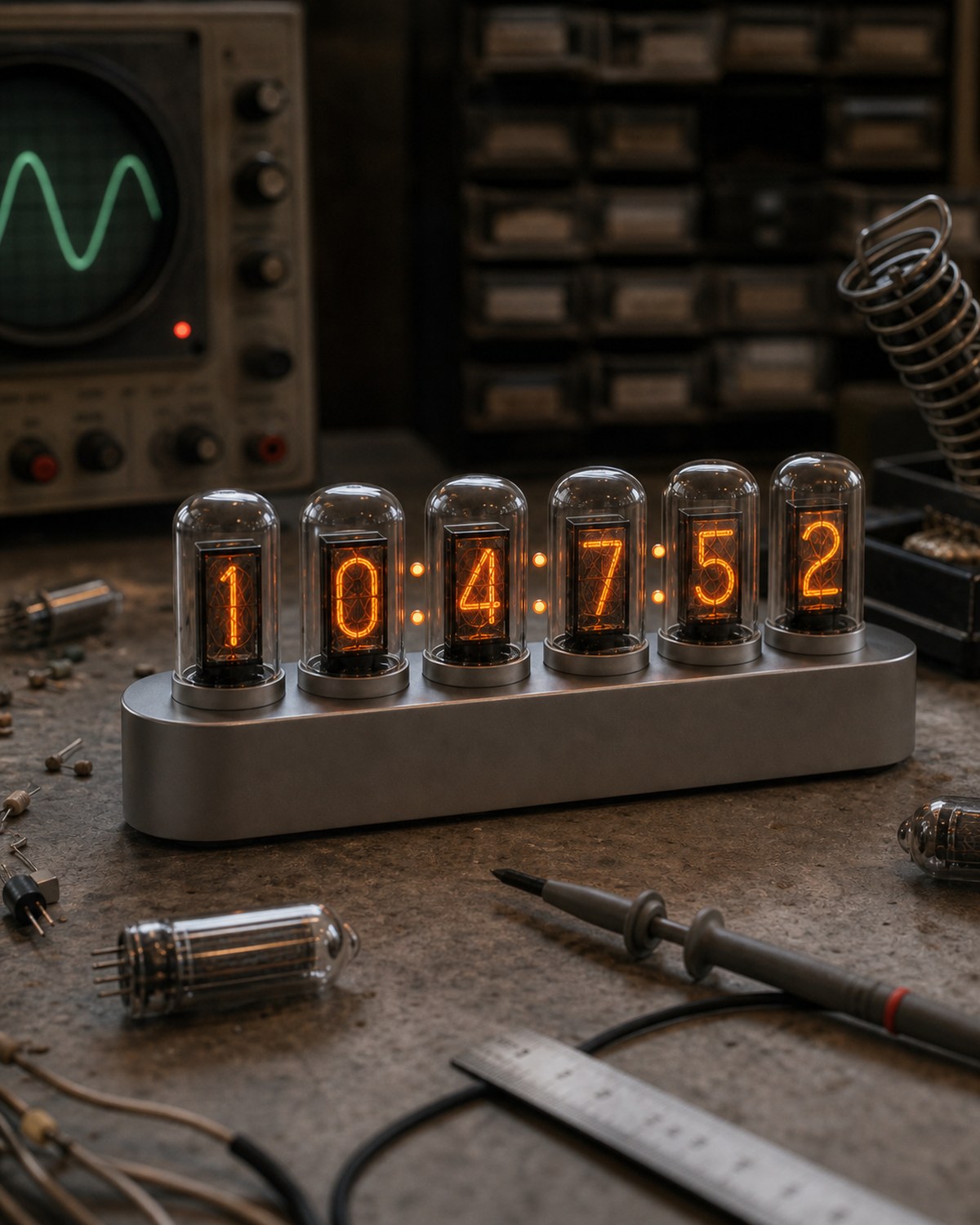 Nixie tube clock on an electronics workbench with loose tubes.