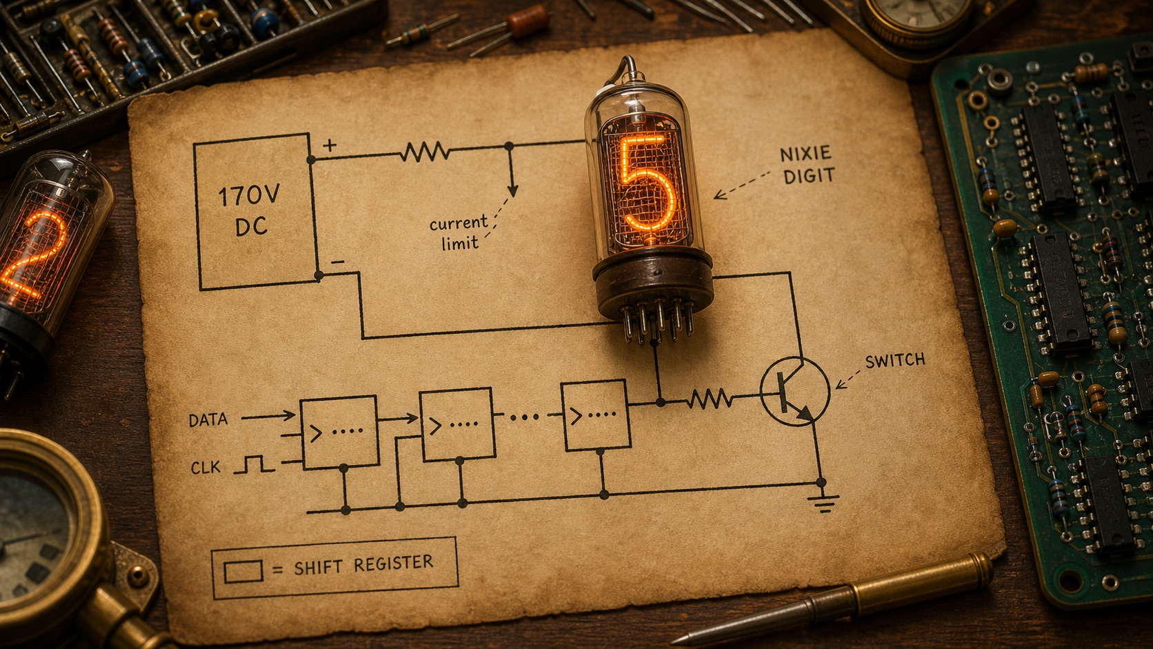 Original generated reference image showing a simplified high-voltage Nixie driver concept with supply, resistor, switch, and shift-register blocks