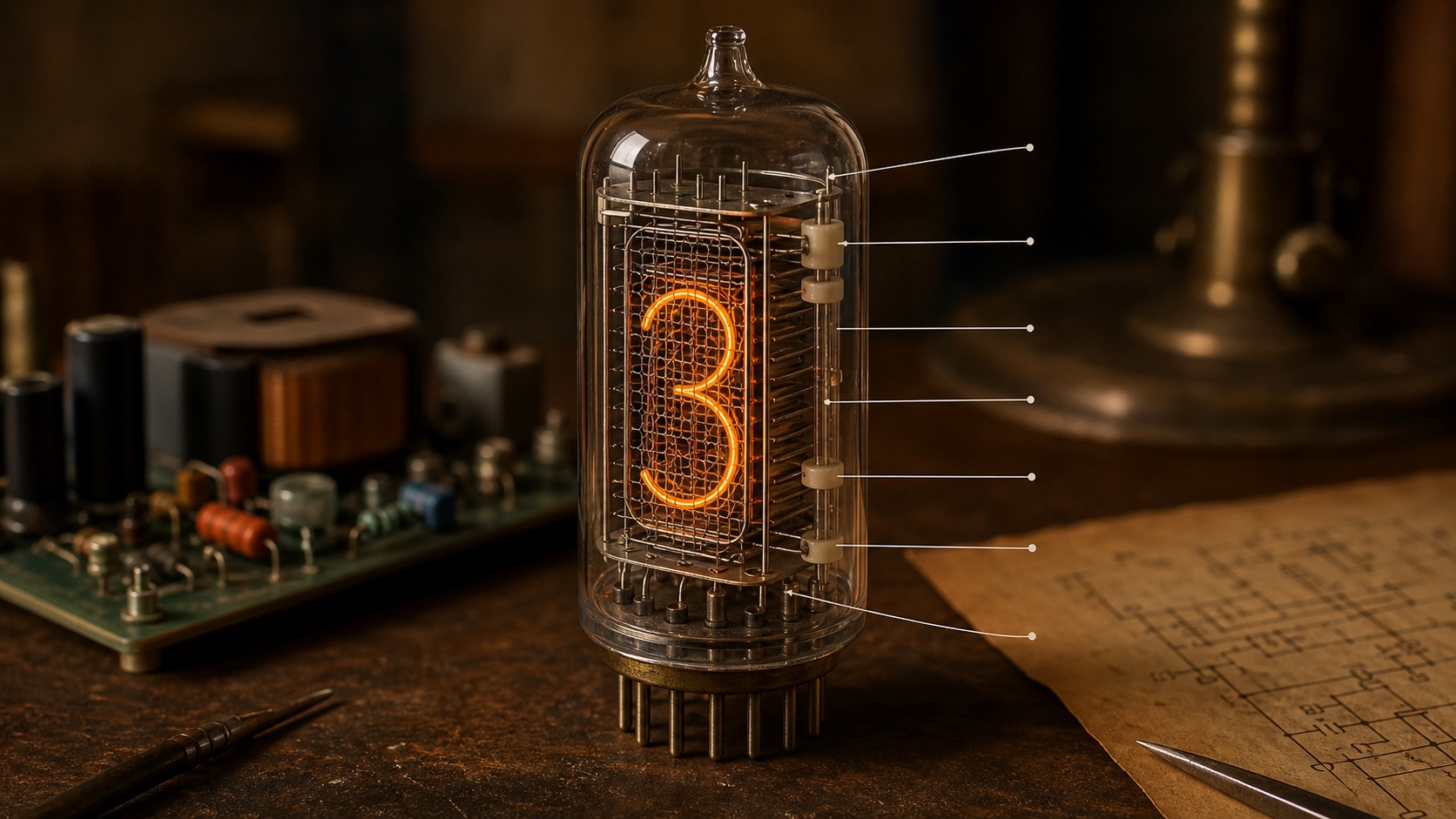 Original generated reference image showing a Nixie tube with internal cathode stack, anode mesh, supports, and orange glow