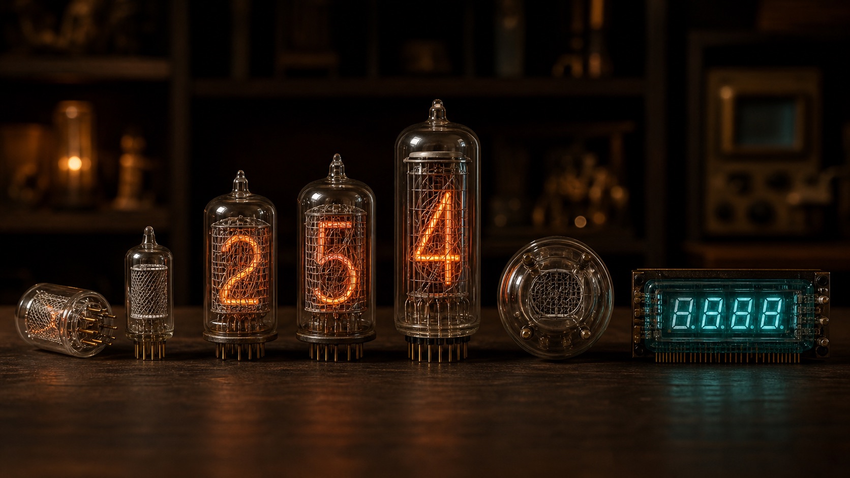 Original generated museum image showing Nixie and VFD display tube families arranged by size